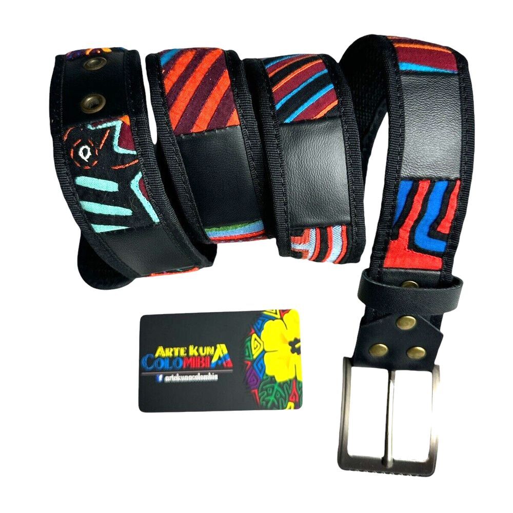 Artisan Arte Kuna Men's Belt - Genuine Leather & Square Mola Accents, Size 38